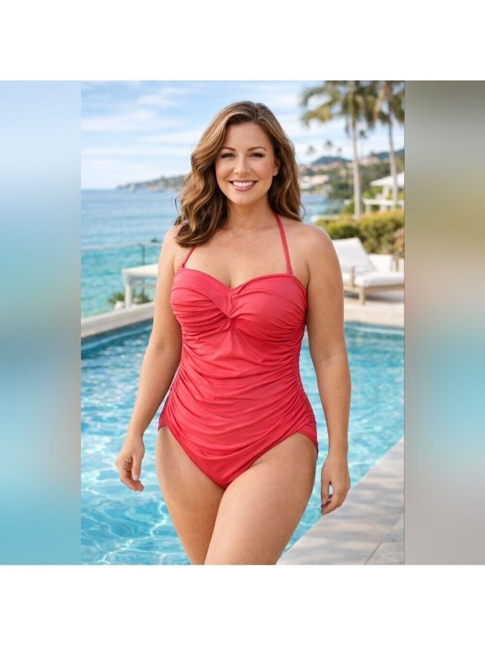 LA BLANCA Island Goddess Ruched Halter One-Piece Swimsuit Ginger Pink Sz 12 NWT
